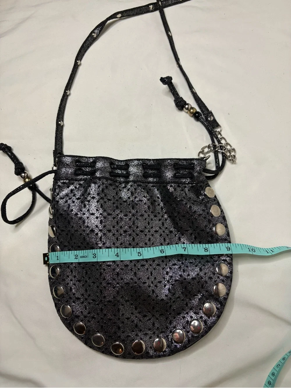 Candies Black and Silver Women's Drawstring Crossbody Bag Long Spaghetti Strap